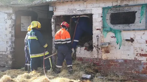 Incendio establo bomberos Protecci&oacute;n Civil